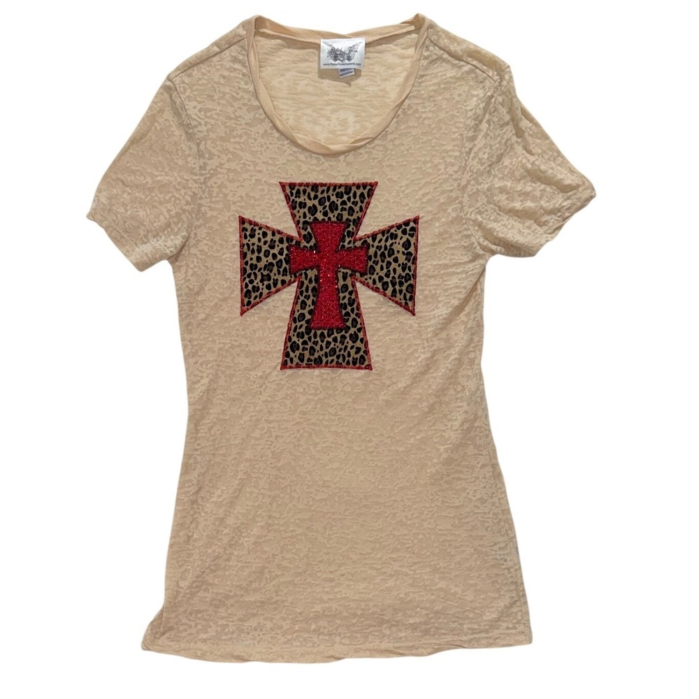 Rebel Rose Burnout Cross Graphic Tee Leopard Red Embellished Slim Fit Y2K